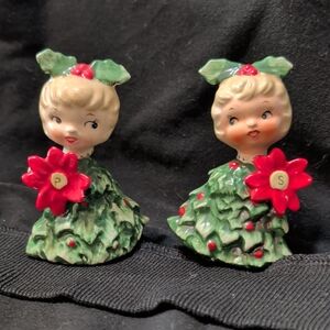 Christmas Poinsettia Ceramic Girl Salt and Pepper Shakers